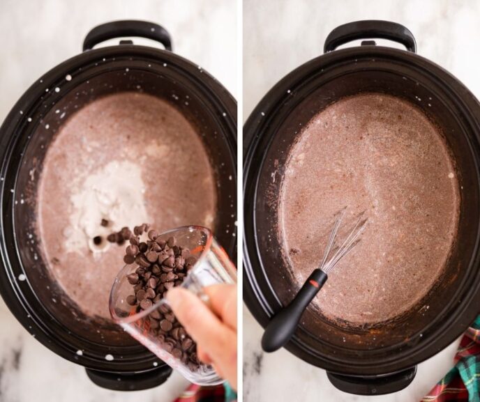 Slow Cooker Peppermint Hot Chocolate in Crockpot with Chocolate Chips Poured In before and after whisking
