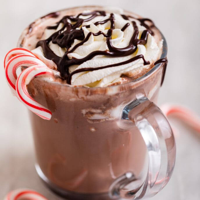 Slow Cooker Peppermint Hot Chocolate in Mug with Whipped Cream and Chocolate Sauce