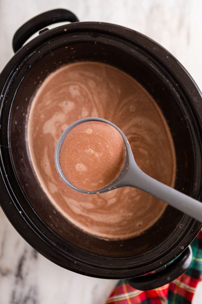 Slow Cooker Peppermint Hot Chocolate in Crockpot and Laddle