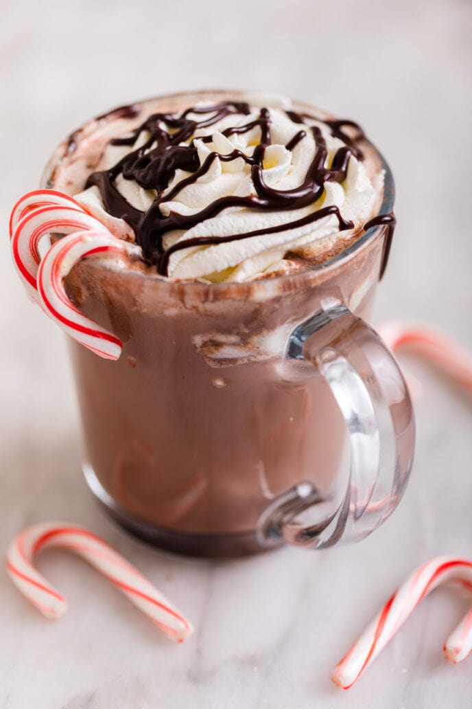 Slow Cooker Peppermint Hot Chocolate in Mug with Whipped Cream and Chocolate Sauce
