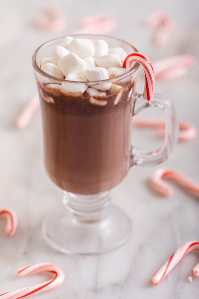 Slow Cooker Peppermint Hot Chocolate in Mug with Mini Marshmallows and Candy Canes