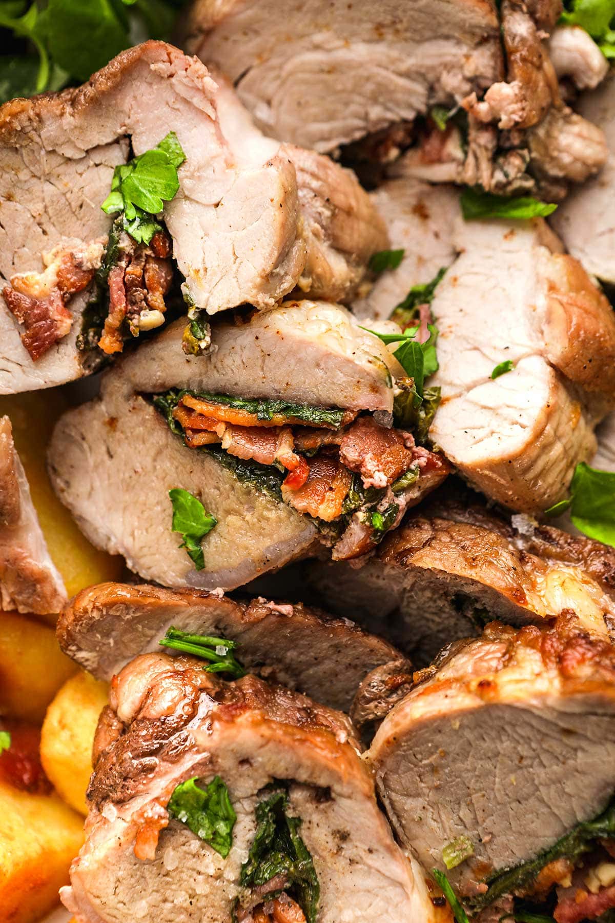 Spinach Bacon Stuffed Pork Tenderloin closeup showing interior