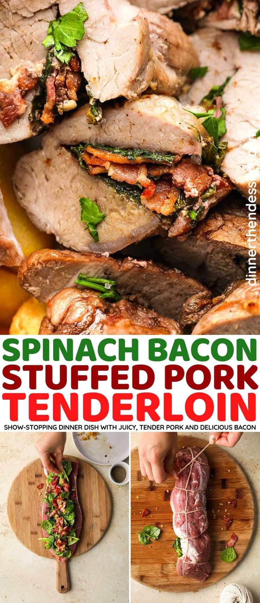 Spinach Bacon Stuffed Pork Tenderloin collage