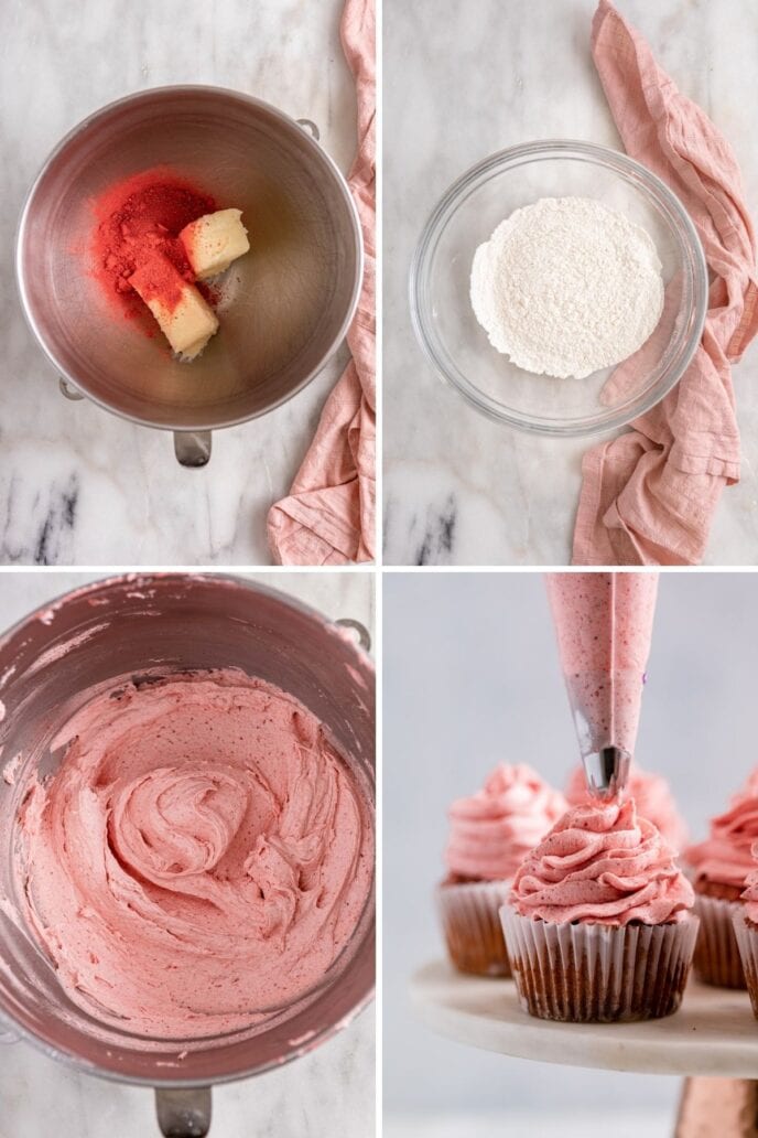 Strawberry Cupcake frosting in mixing bowls collage