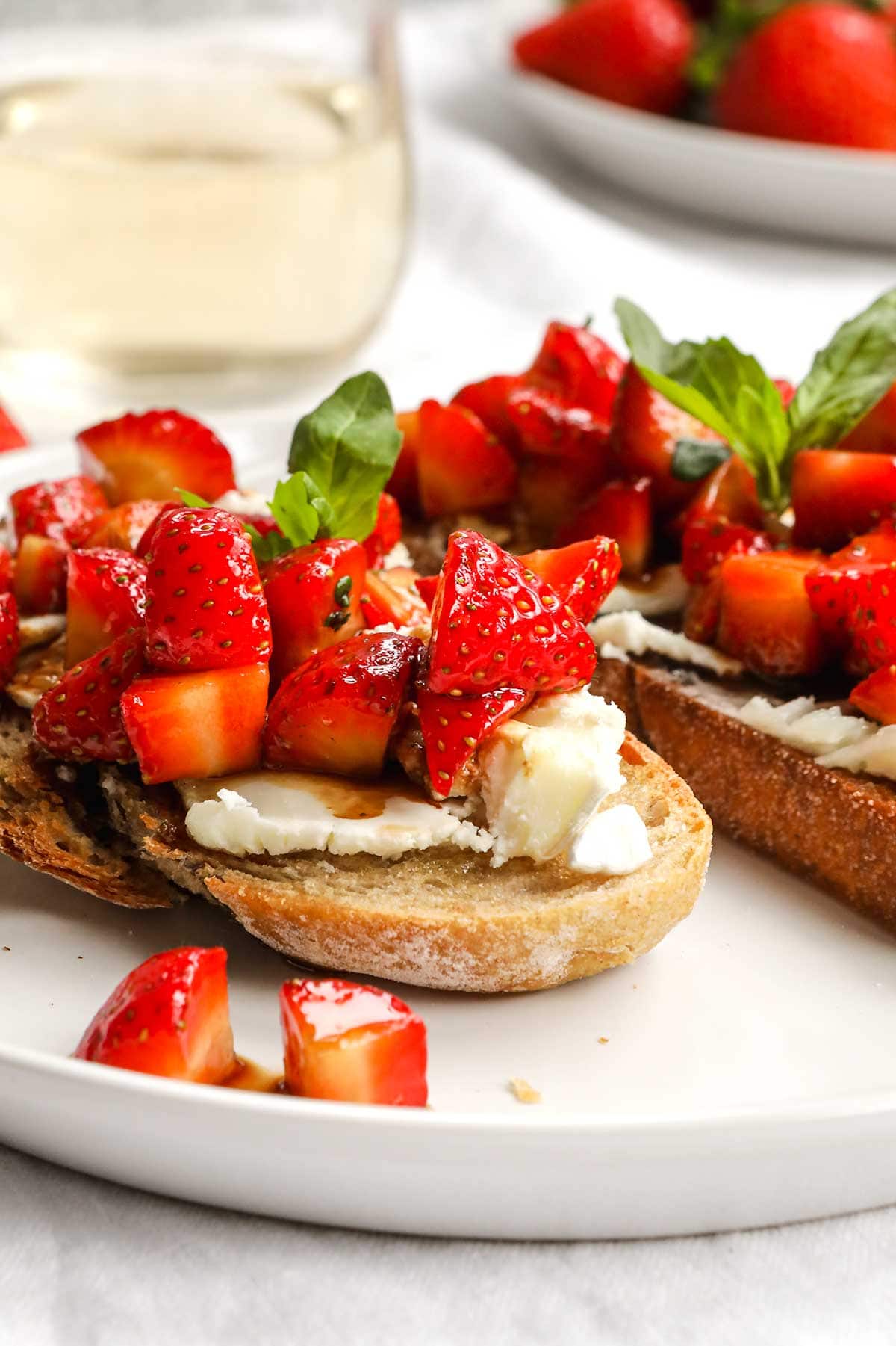 Strawberry Goat Cheese Bruschetta on serving plate