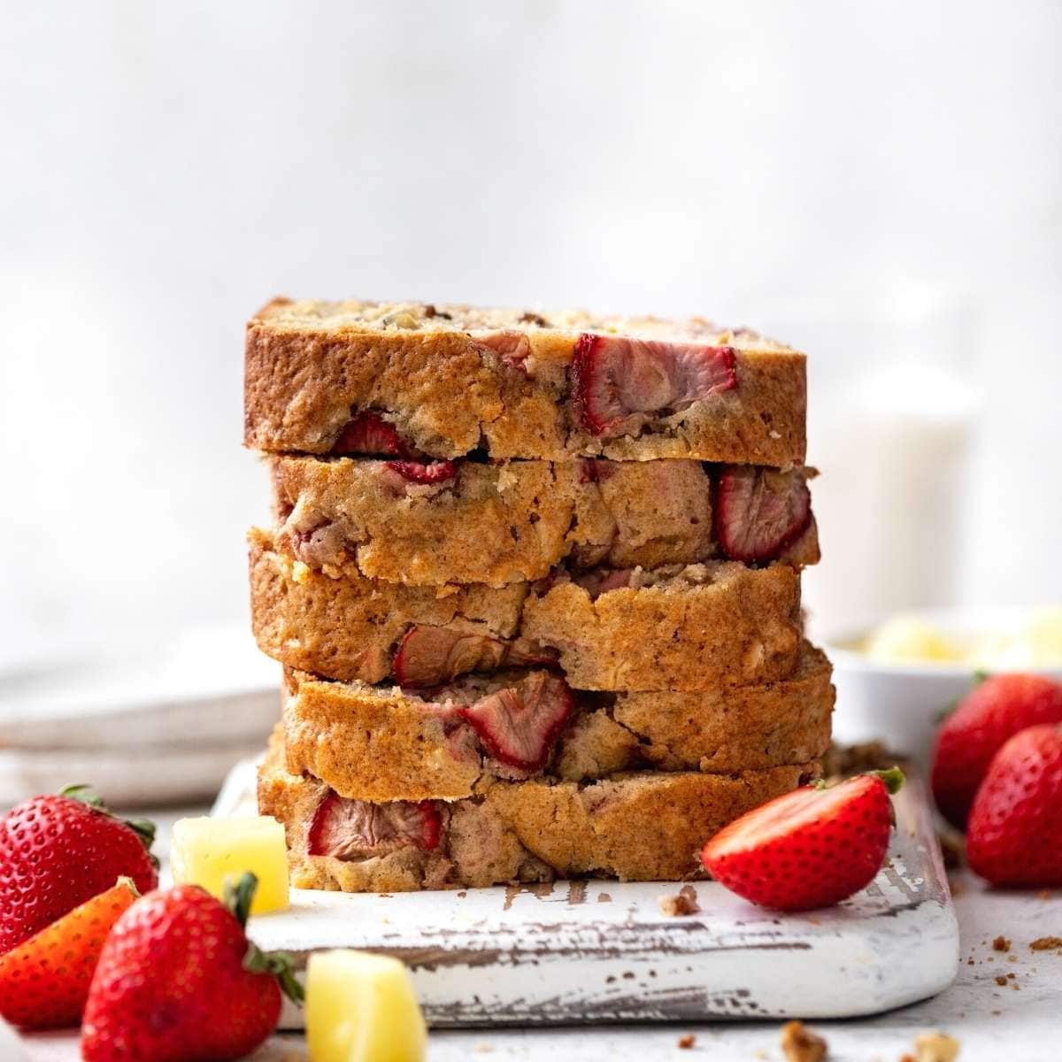 Strawberry Pineapple Bread stacked on serving platter 1x1