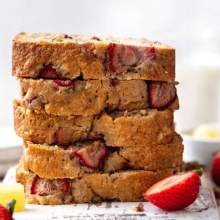 Strawberry Pineapple Bread stacked on serving platter 4x3