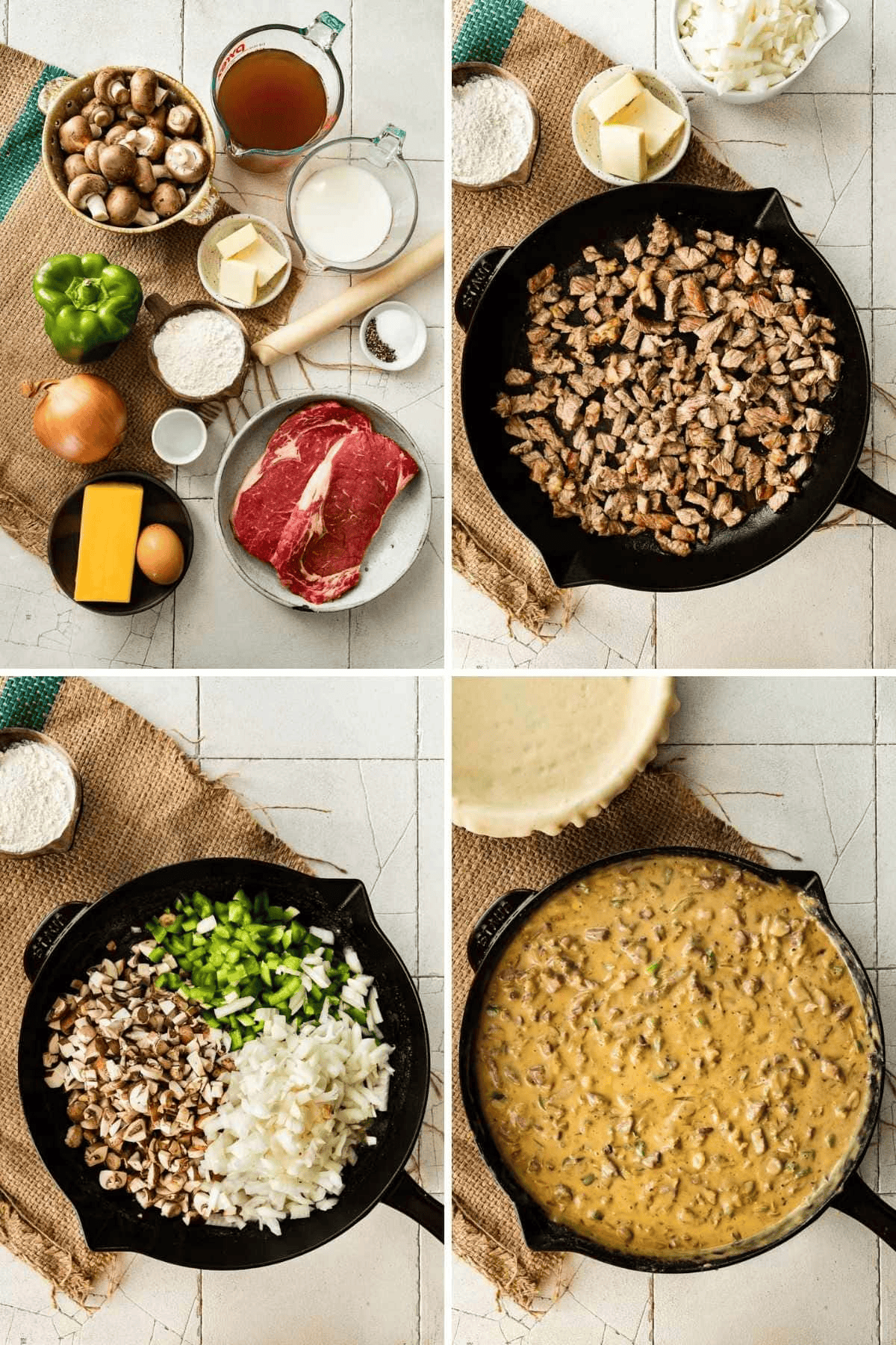 Collage preparing cheesesteak filling ingredients