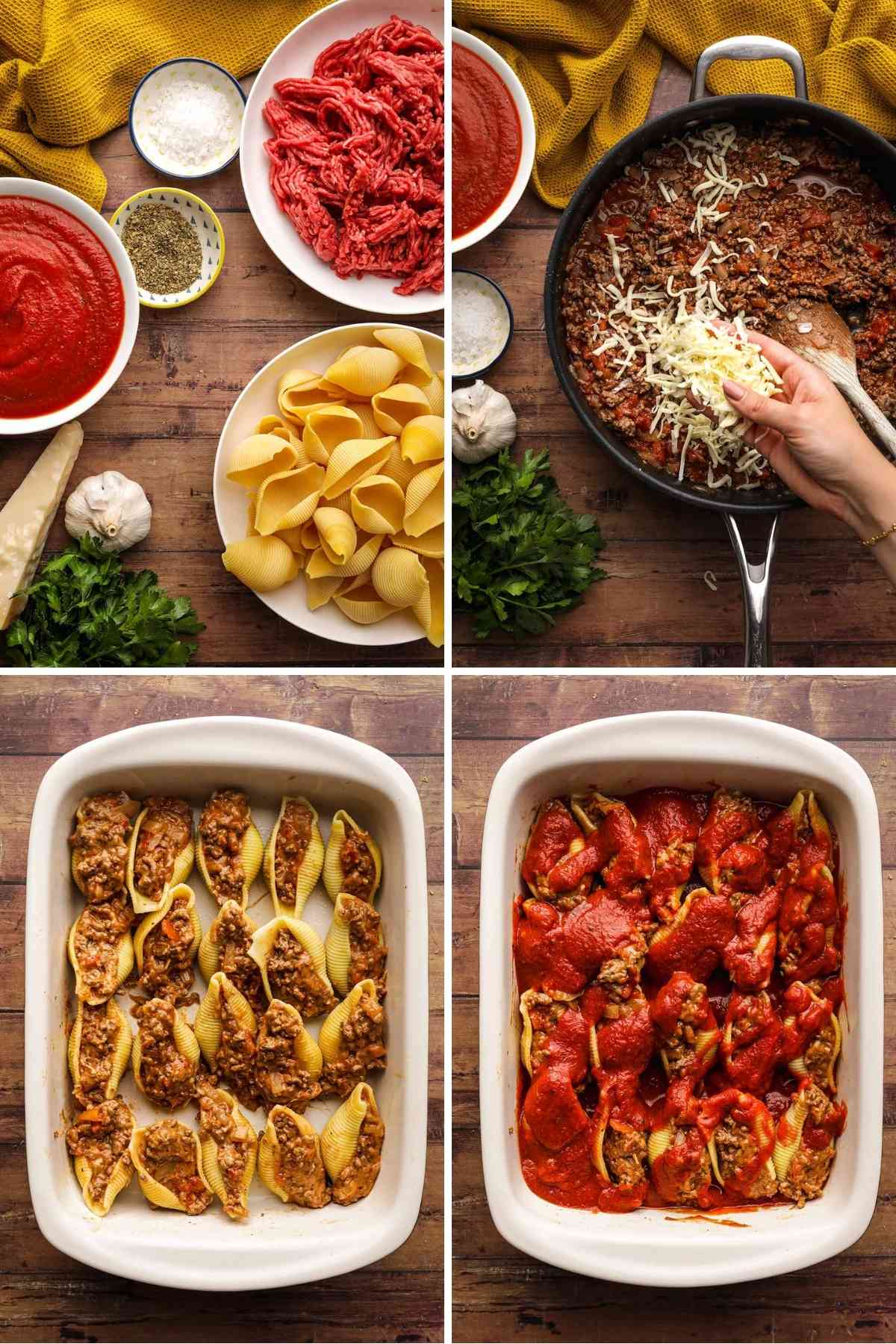 Beefy Italian Stuffed Shells collage of preparation steps