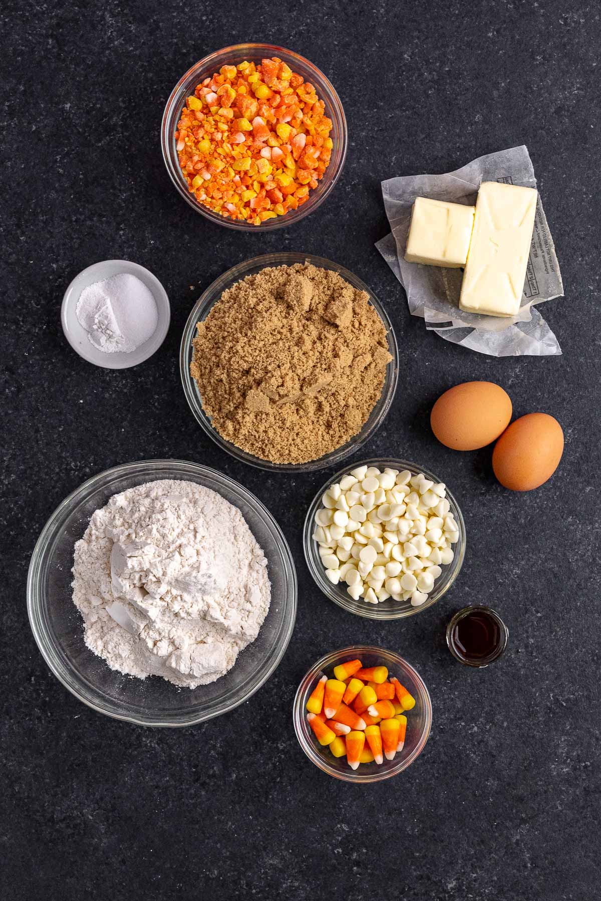 Candy Corn Blondies ingredients in separate bowls