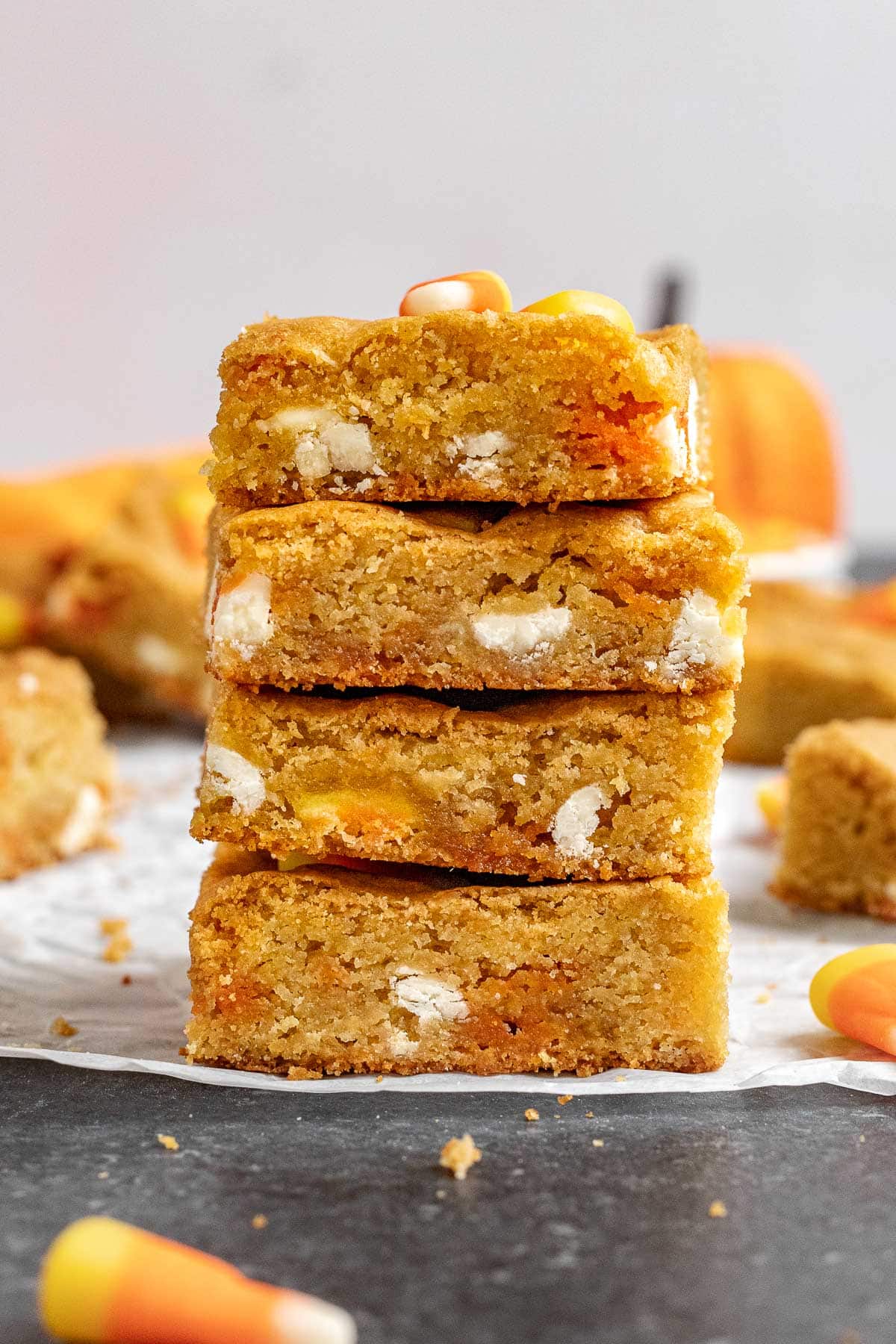 Candy Corn Blondies cut in squares stacked
