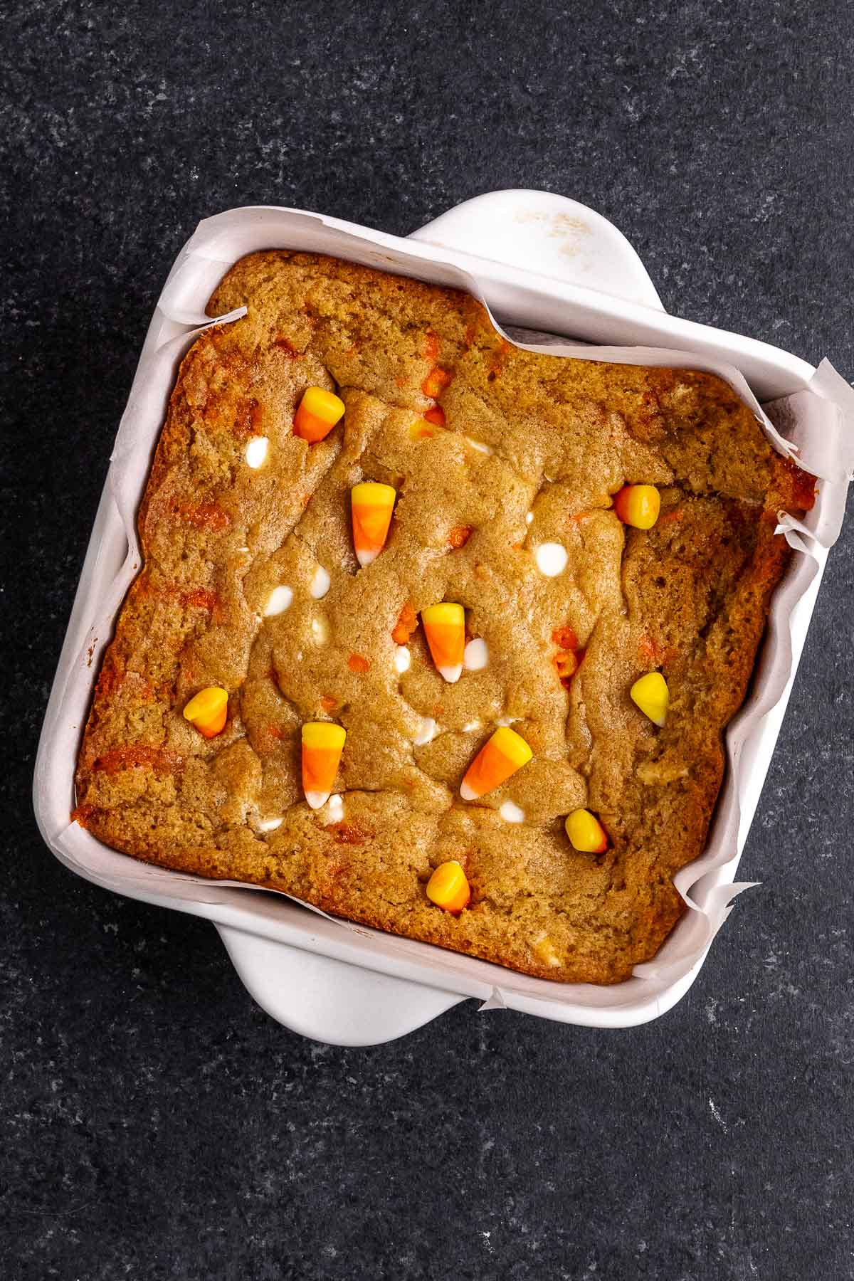 Candy Corn Blondies baked in dish uncut