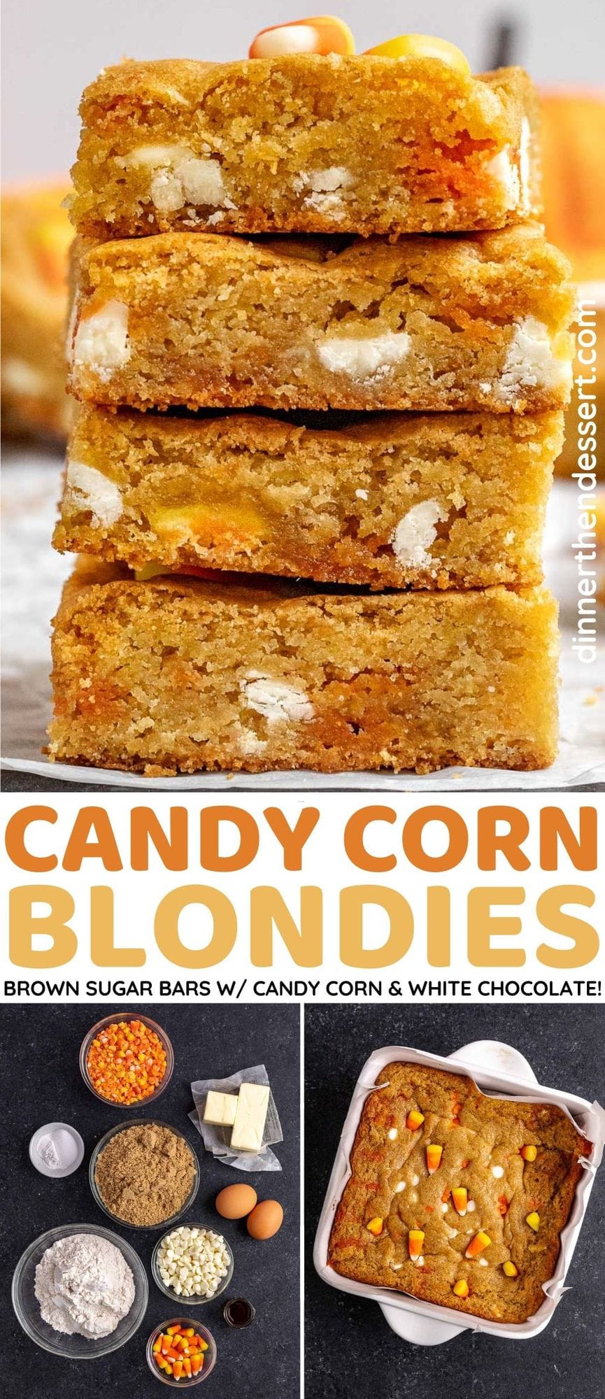 Candy Corn Blondies cut in squares stacked collage