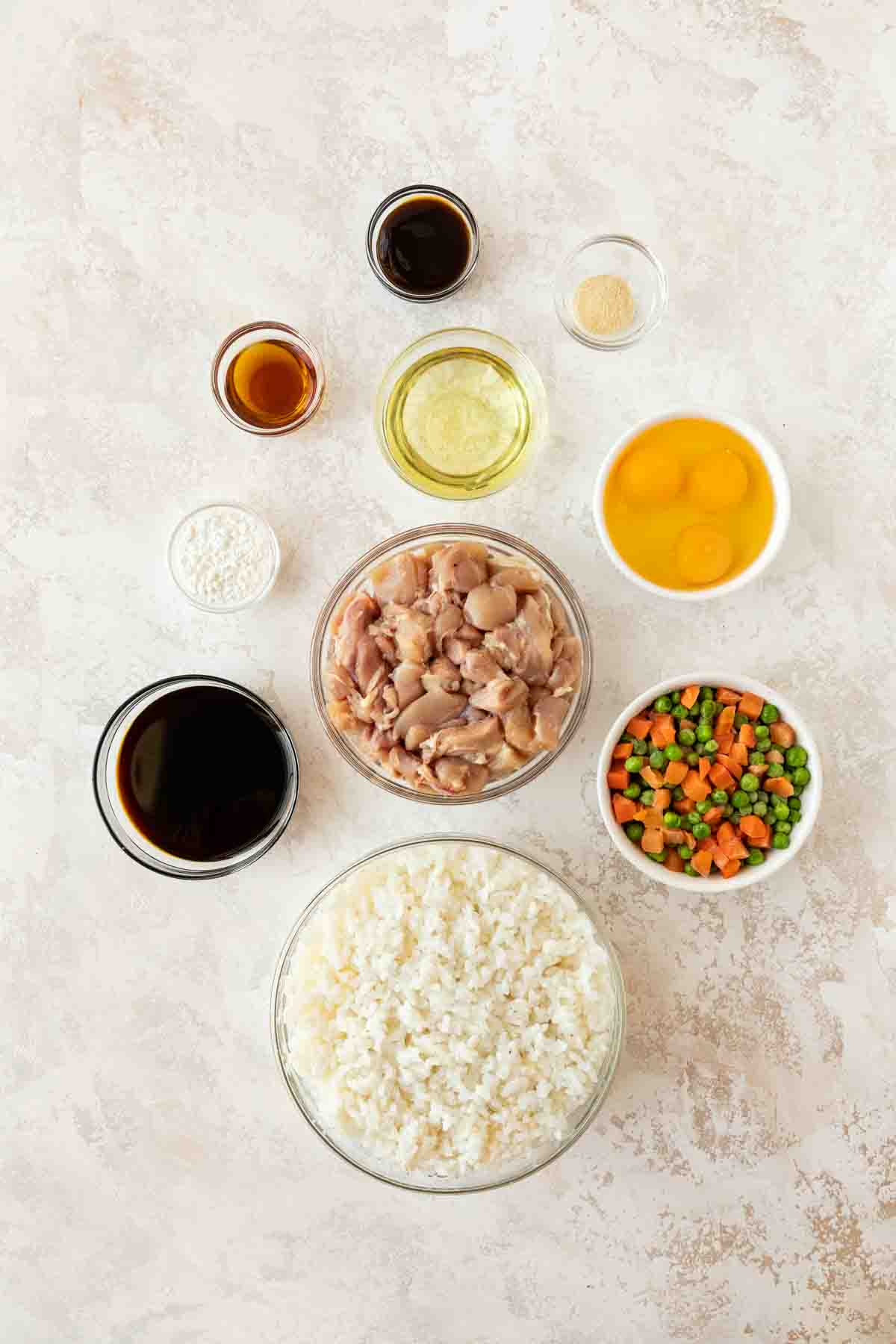 Chicken Fried Rice ingredients in separate bowls