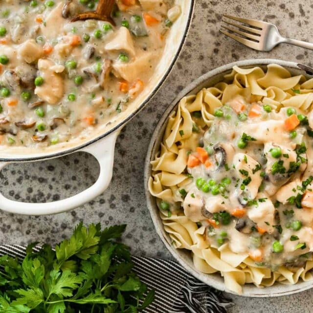 Finished chicken and sauce in pot and in bowl with noodles.