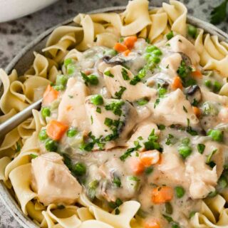 Cooked chicken and gravy plated over egg noodles