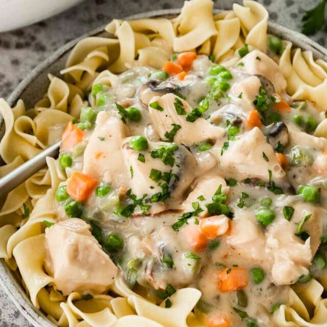 Cooked chicken and gravy plated over egg noodles