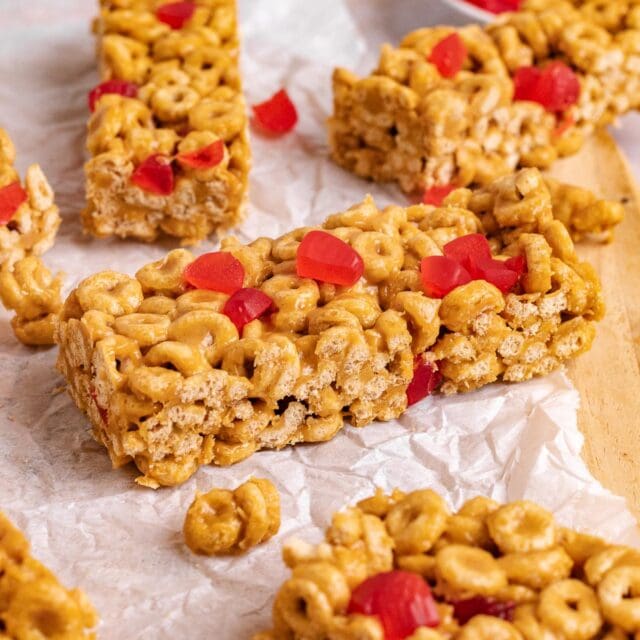 Peanut Butter and Jelly Cereal Bars on platter 1x1