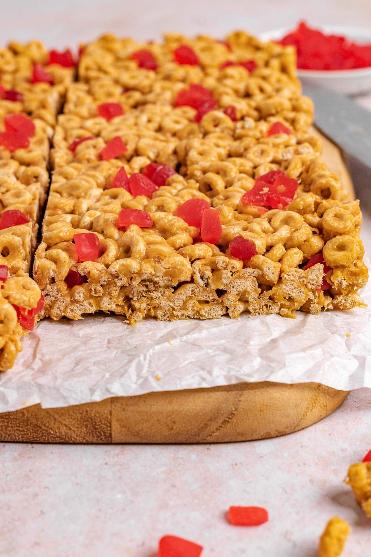 Peanut Butter and Jelly Cereal Bars removed from pan & cut