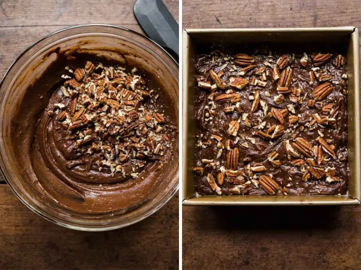 adding nuts to batter and before its baked in tray collage