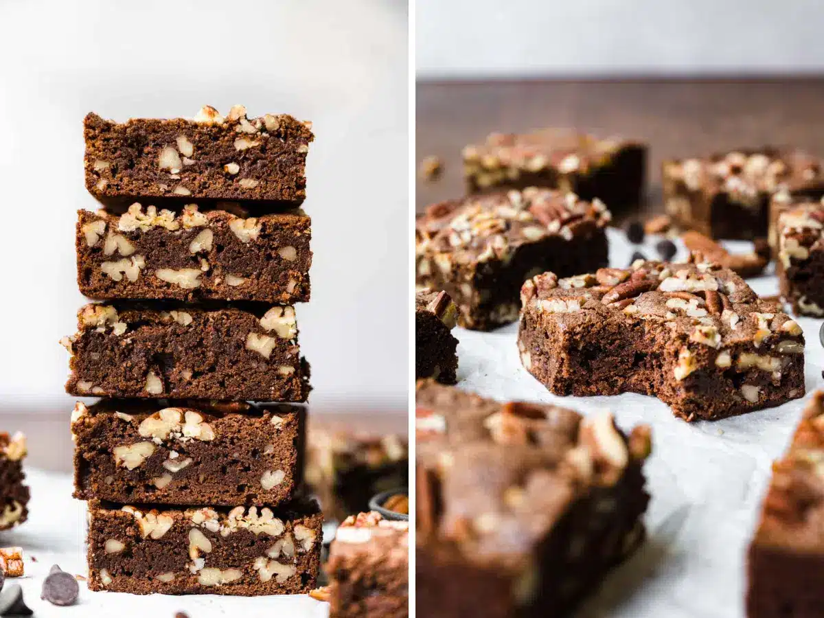 stack of brownies and sliced brownie collage 
