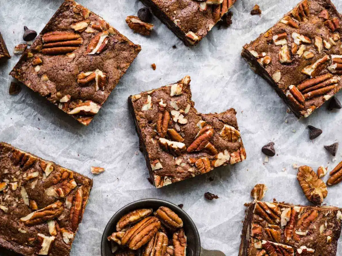 top down view of brownies and bite being taken