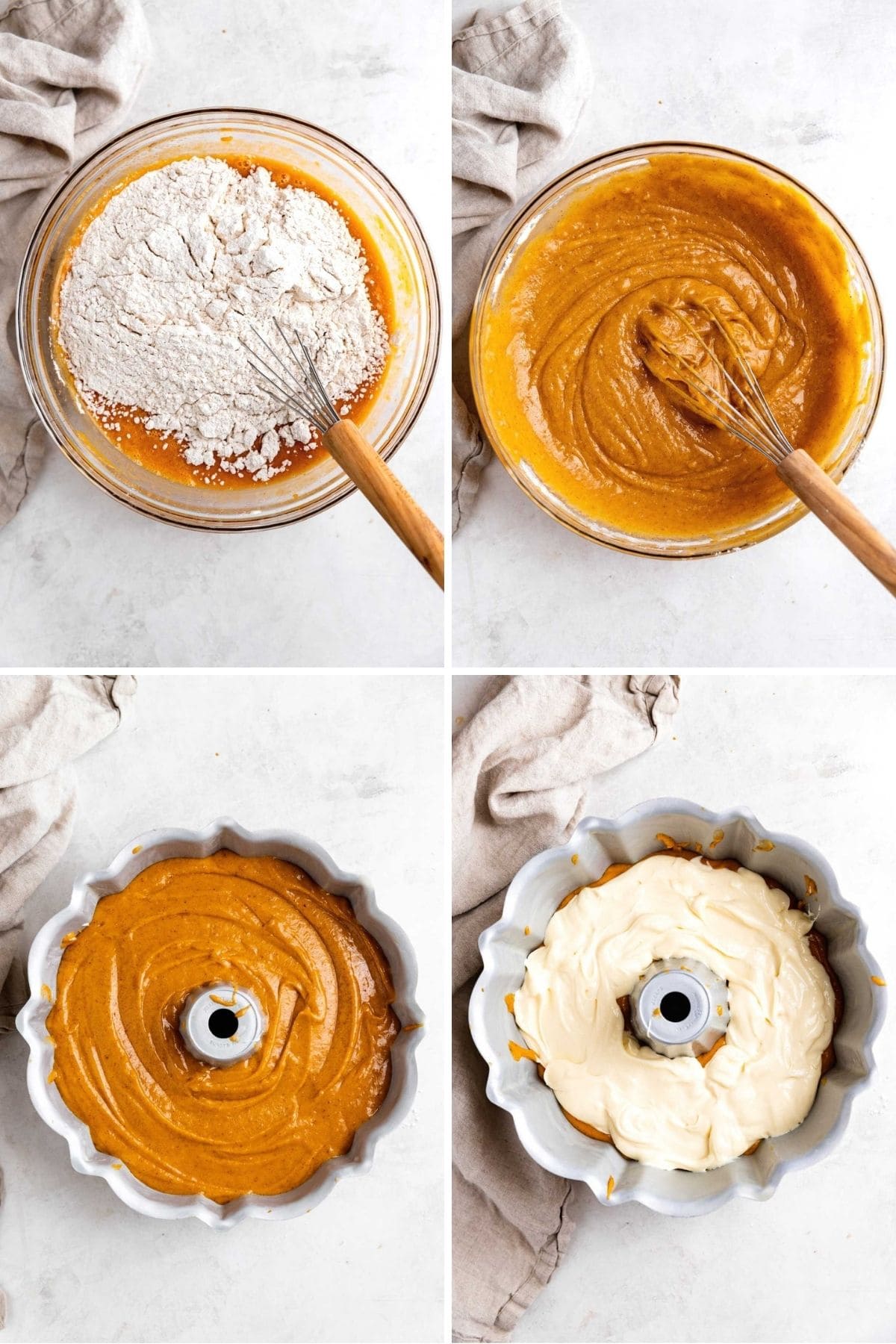 Pumpkin Cheesecake Bundt Cake batter preparation collage