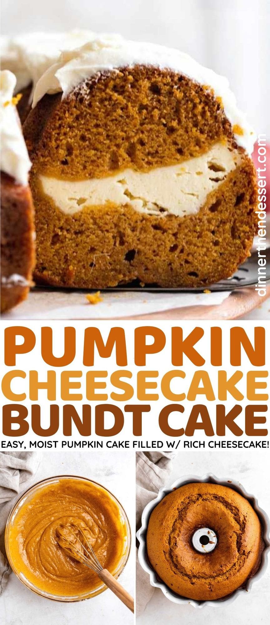 Pumpkin Cheesecake Bundt Cake on cake plate with slice removed and preparation collage
