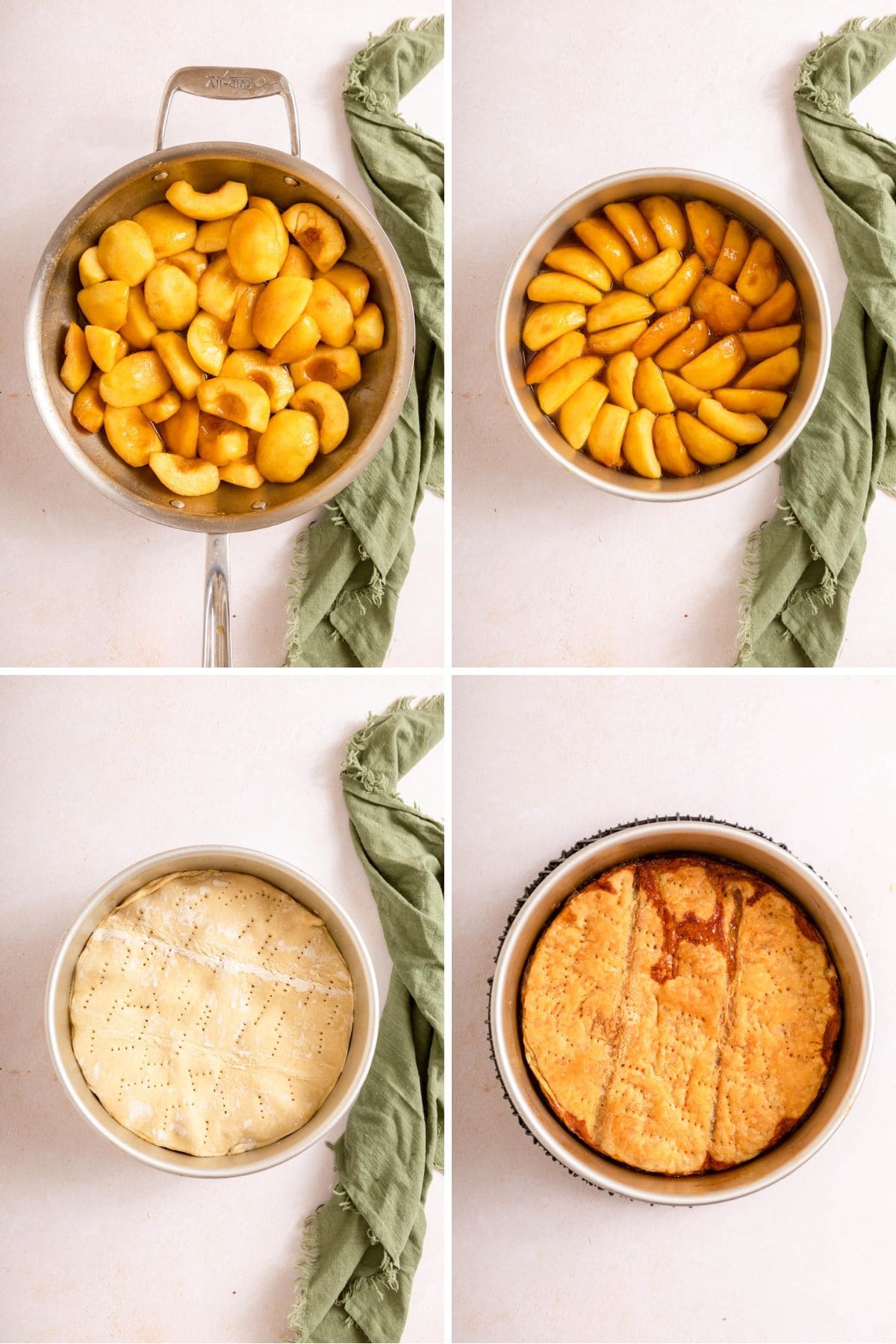 Tarte Tatin assembling tarte in baking pan collage, 4 panel collage