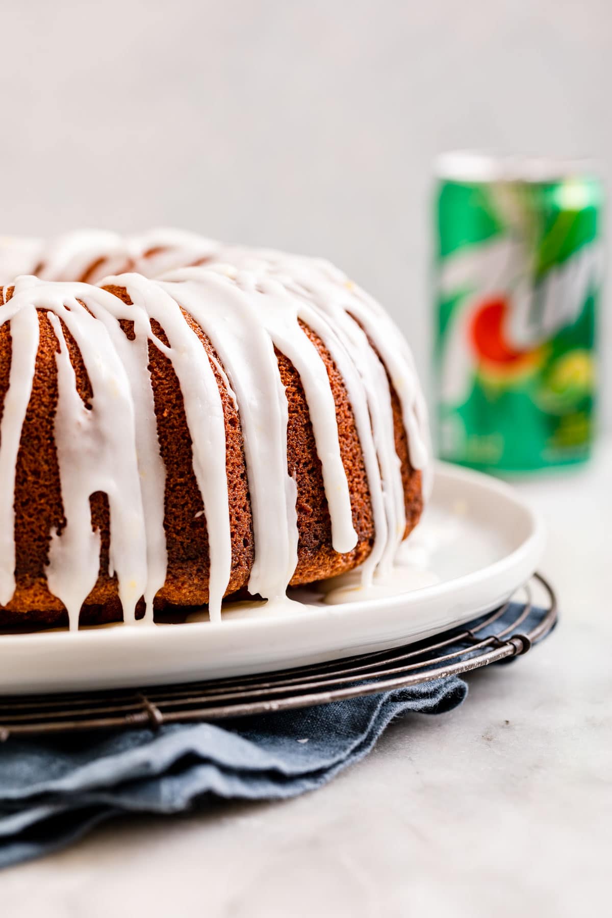 7up Pound Cake baked on plate with glaze side view