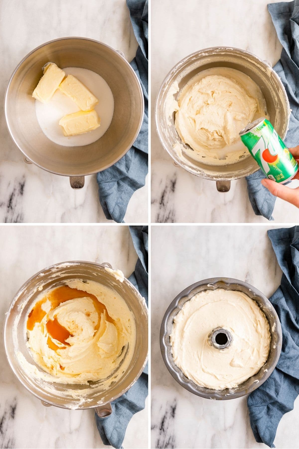 7up Pound Cake batter in mixing bowl preparation collage