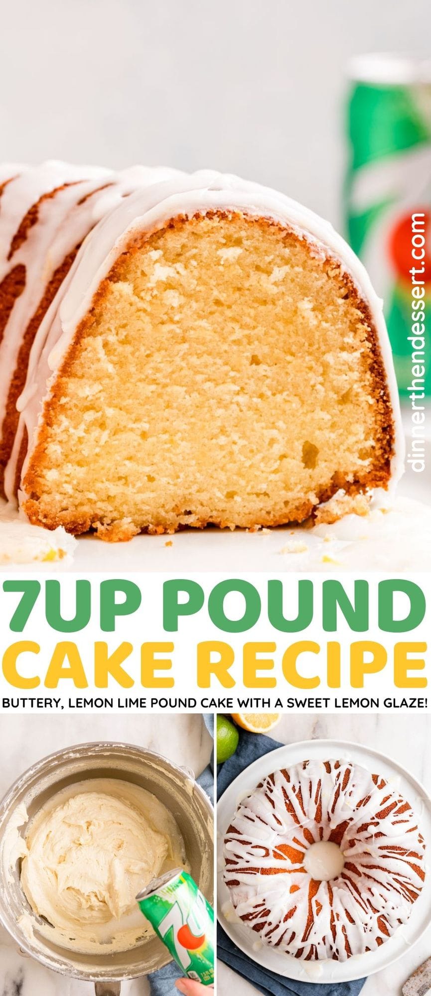 7up Pound Cake baked on plate with glaze side view slice removed collage