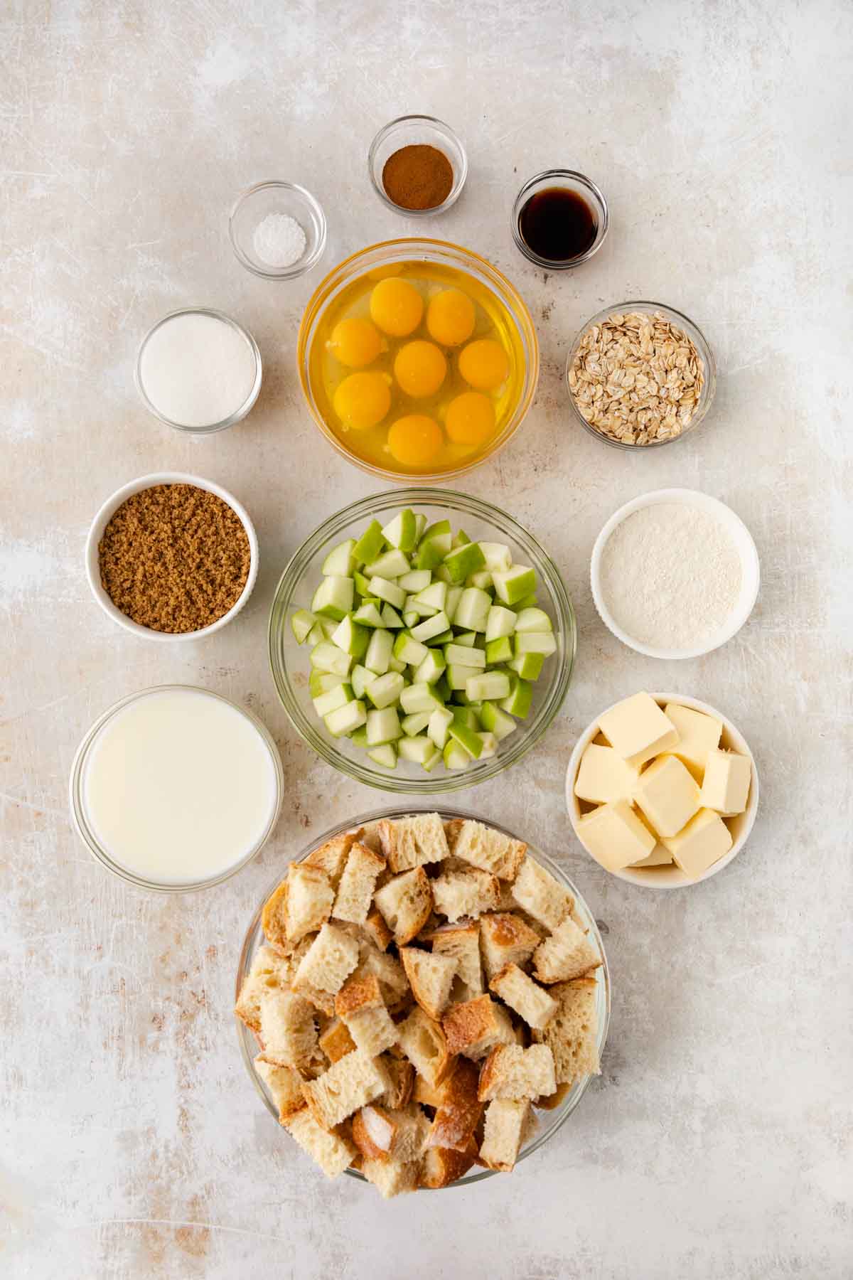 Apple Crisp French Toast Bake ingredients in separate bowls