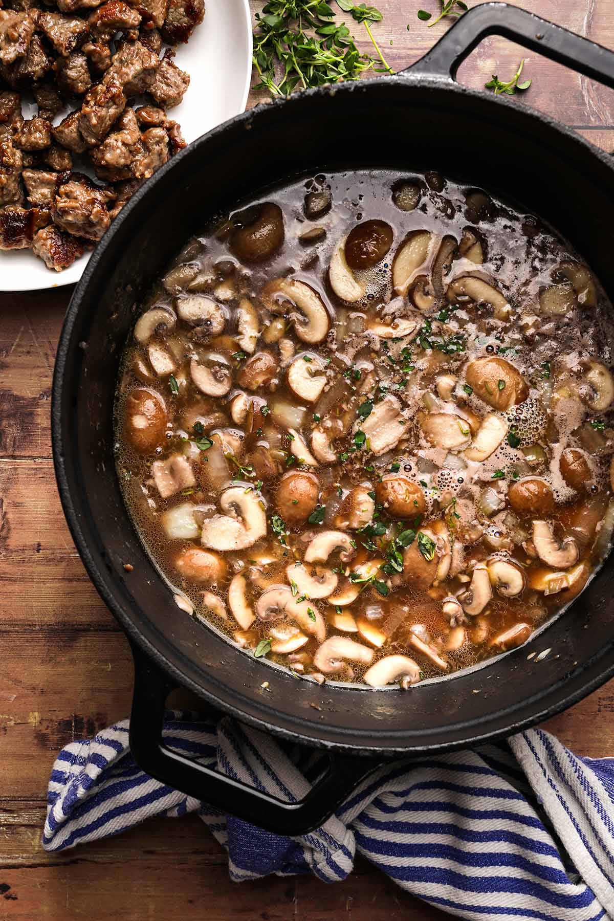 Beef Tips with Mushroom Gravy in cooking pot
