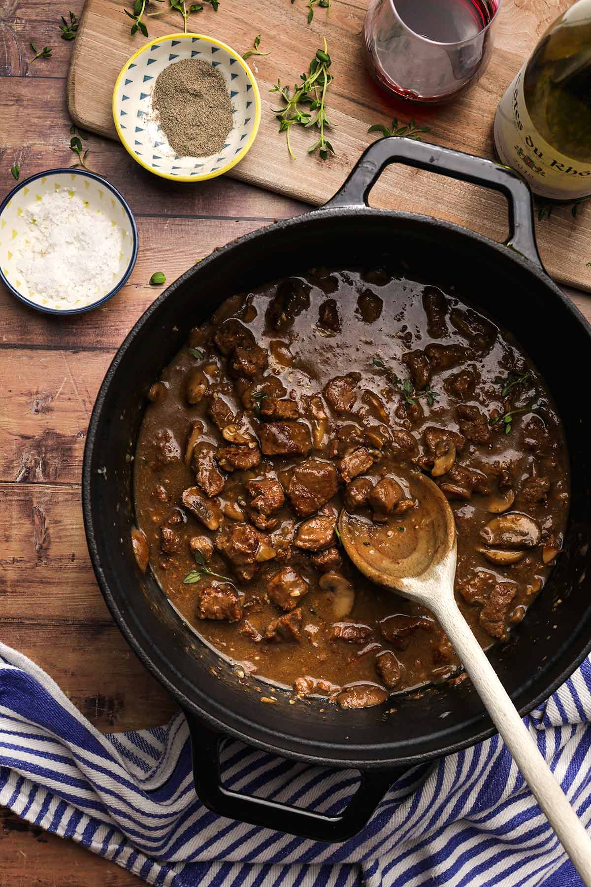 Beef Tips with Mushroom Gravy in cooking pot