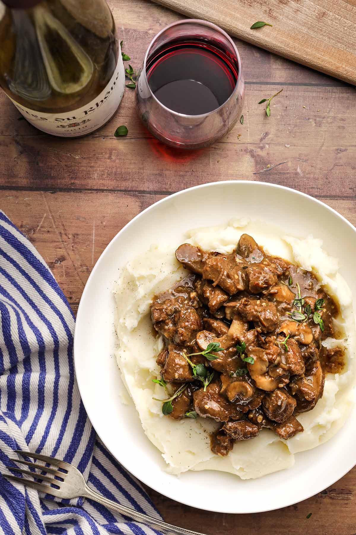 Beef Tips with Mushroom Gravy on serving plate