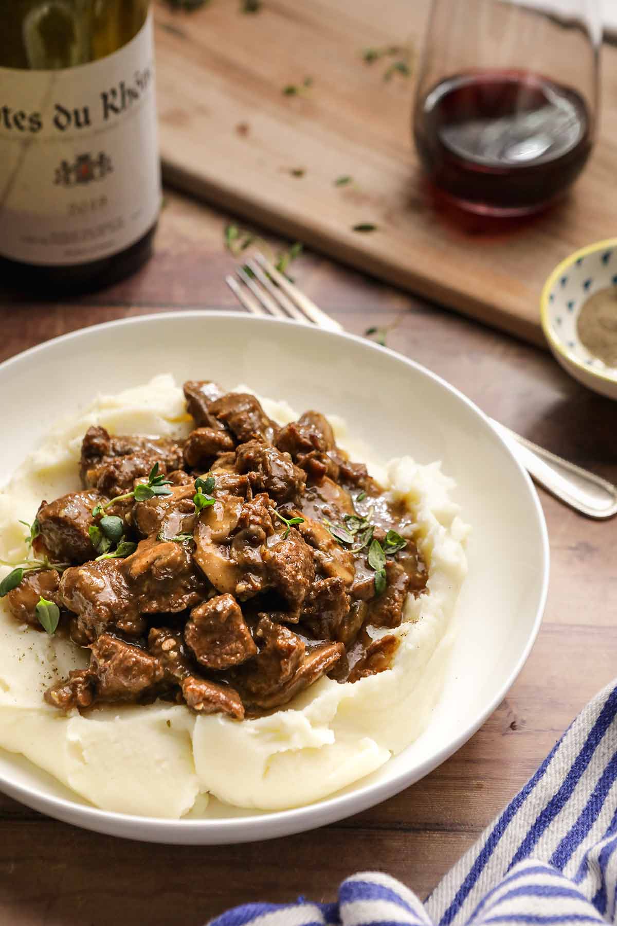 Beef Tips with Mushroom Gravy on serving plate