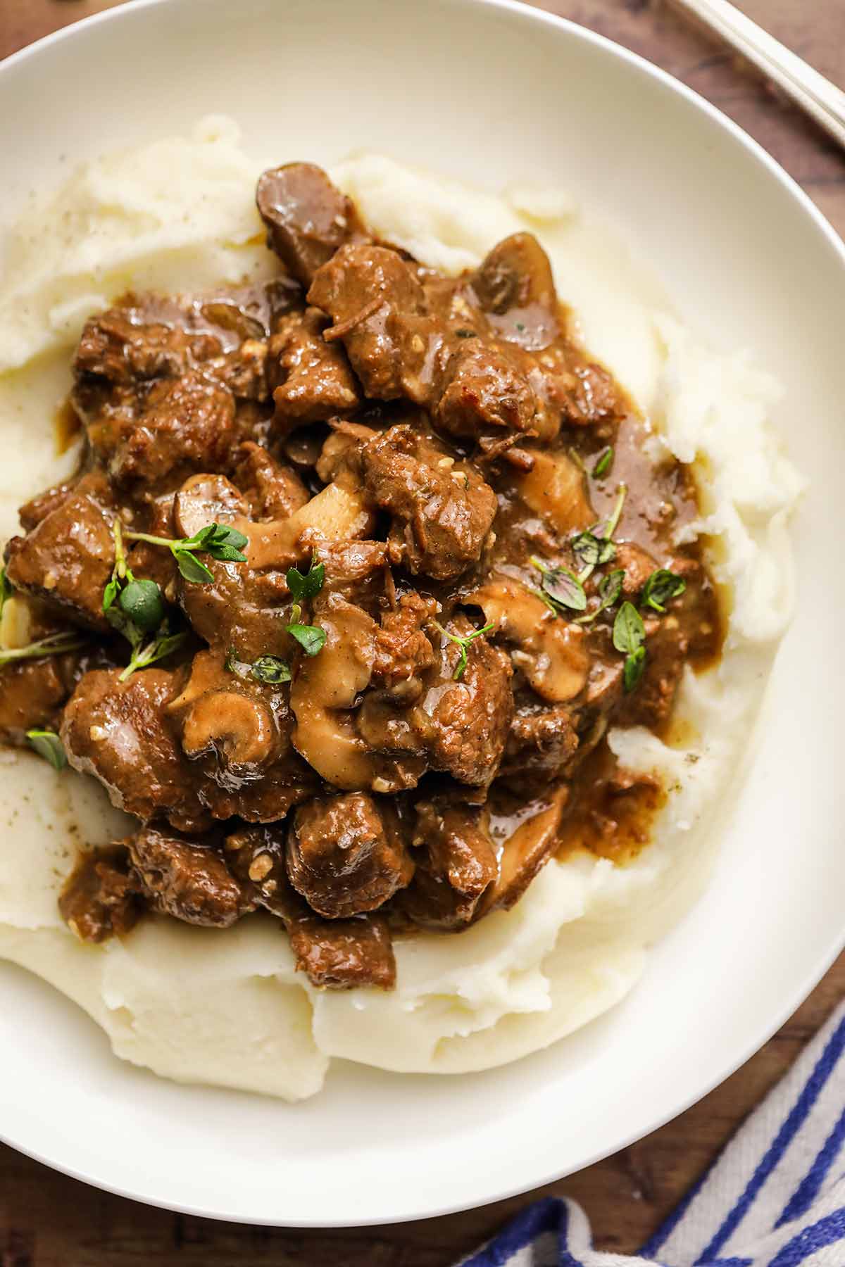Beef Tips with Mushroom Gravy on serving plate