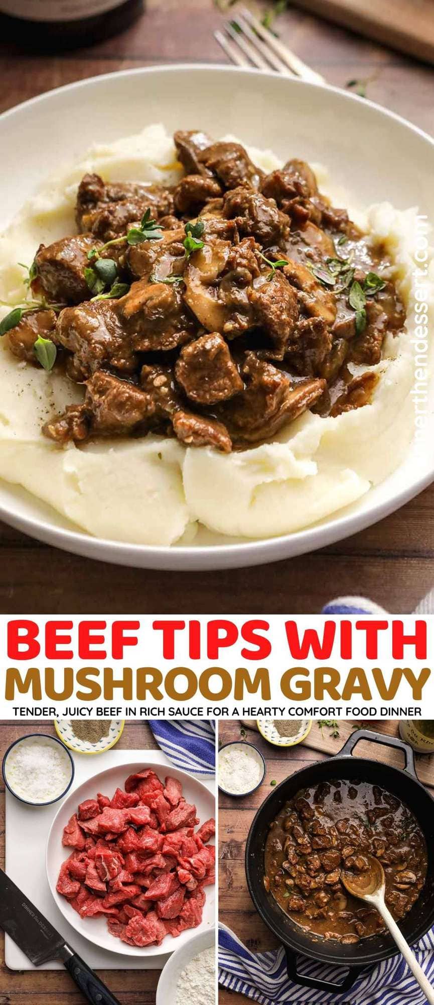 Beef Tips with Mushroom Gravy collage
