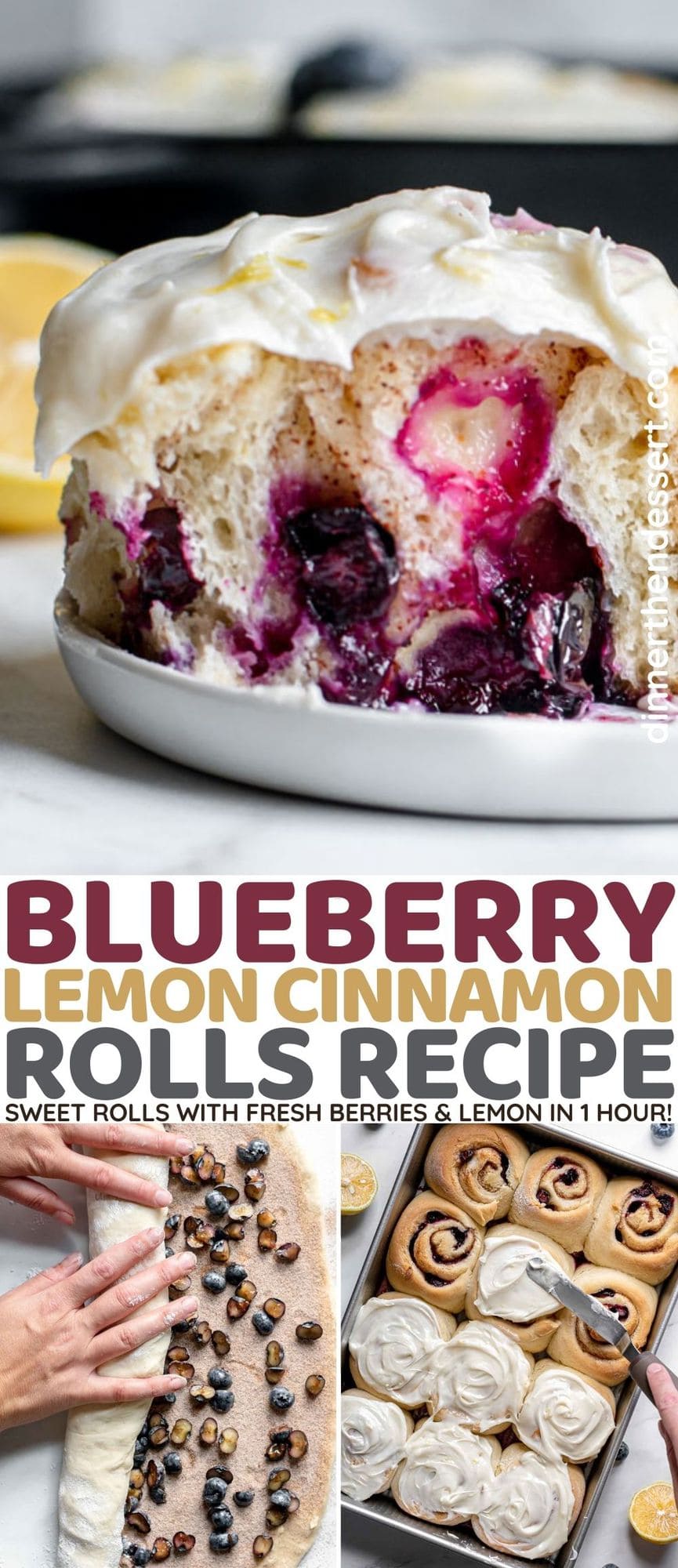 Blueberry Lemon Cinnamon Rolls single roll cut in half on plate side view collage