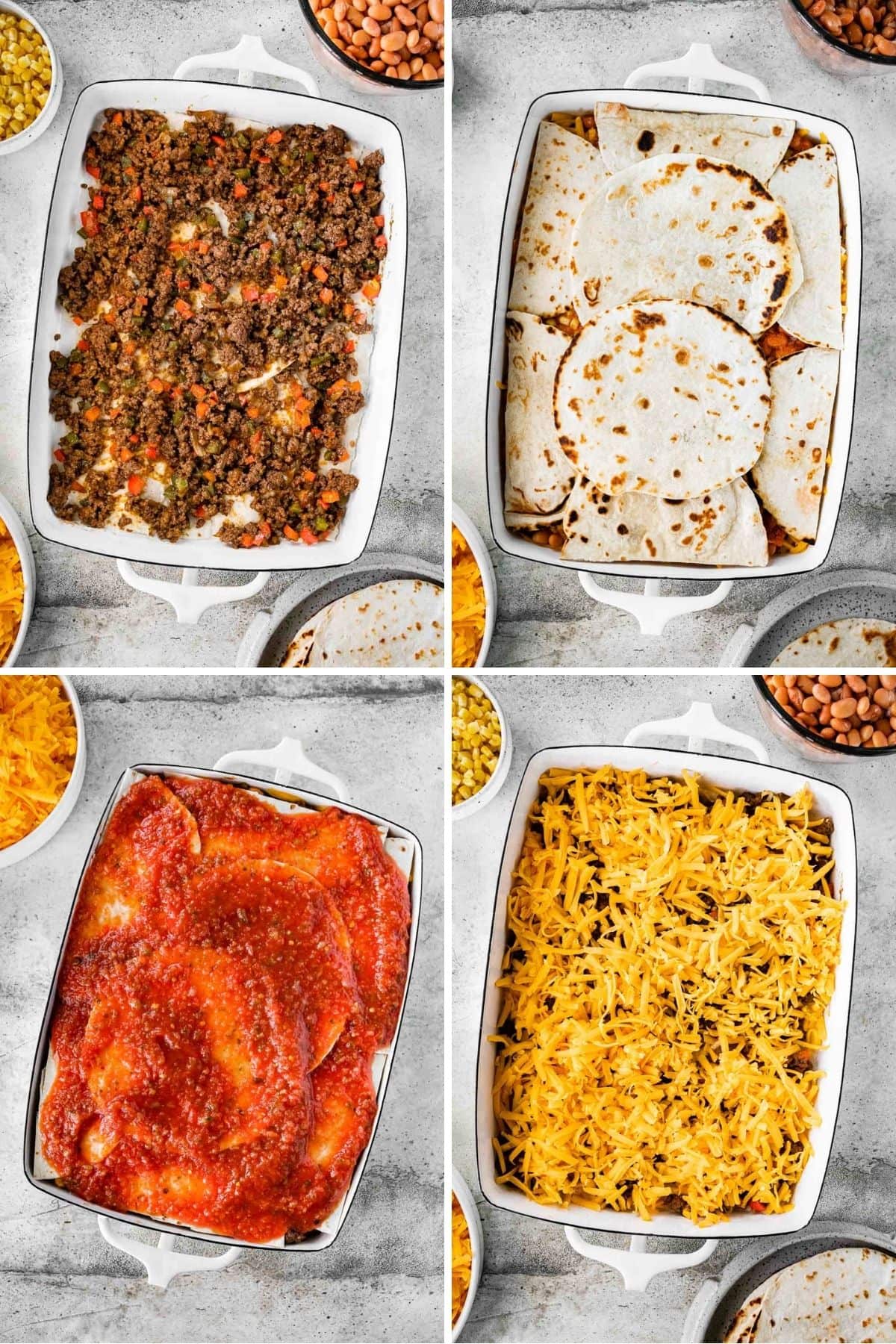 Cheesy Taco Lasagna layering preparation collage