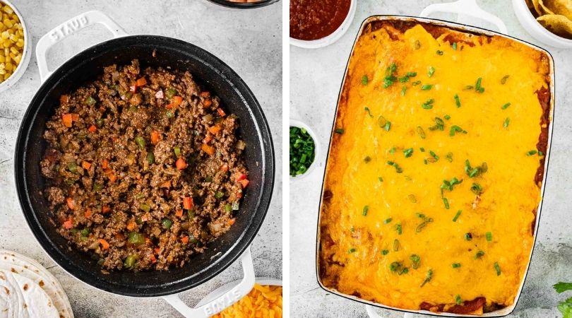 Cheesy Taco Lasagna beef in pot and baked dish collage