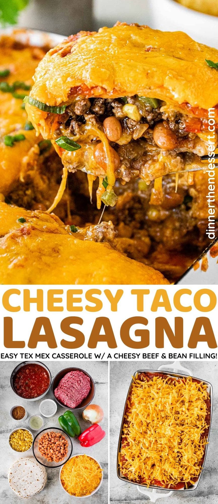 Cheesy Taco Lasagna slice on spatula closeup collage