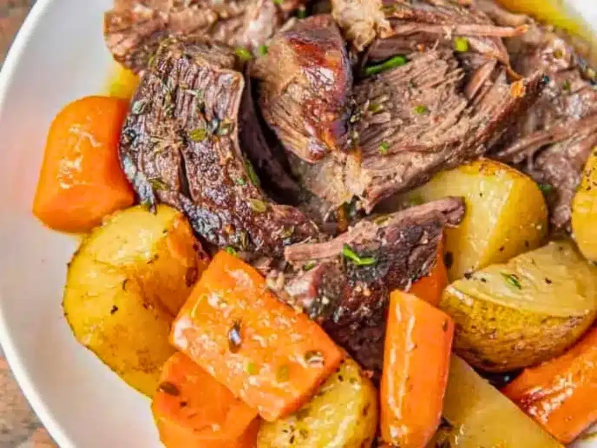 Close-up of cooked beef and vegetables