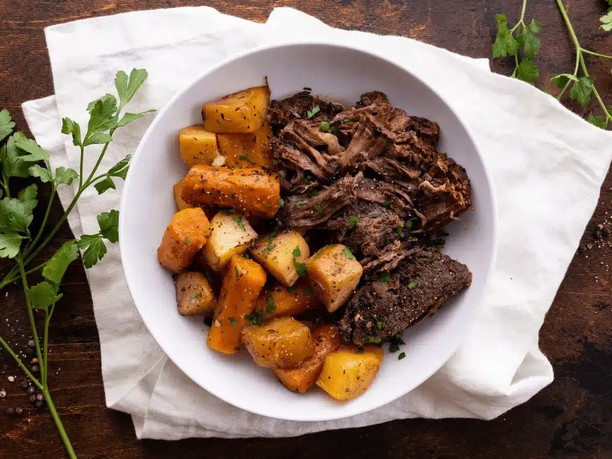 beef and vegetable dinner shot from above