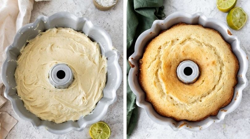 Coconut Lime Bundt Cake batter and baked in pan collage