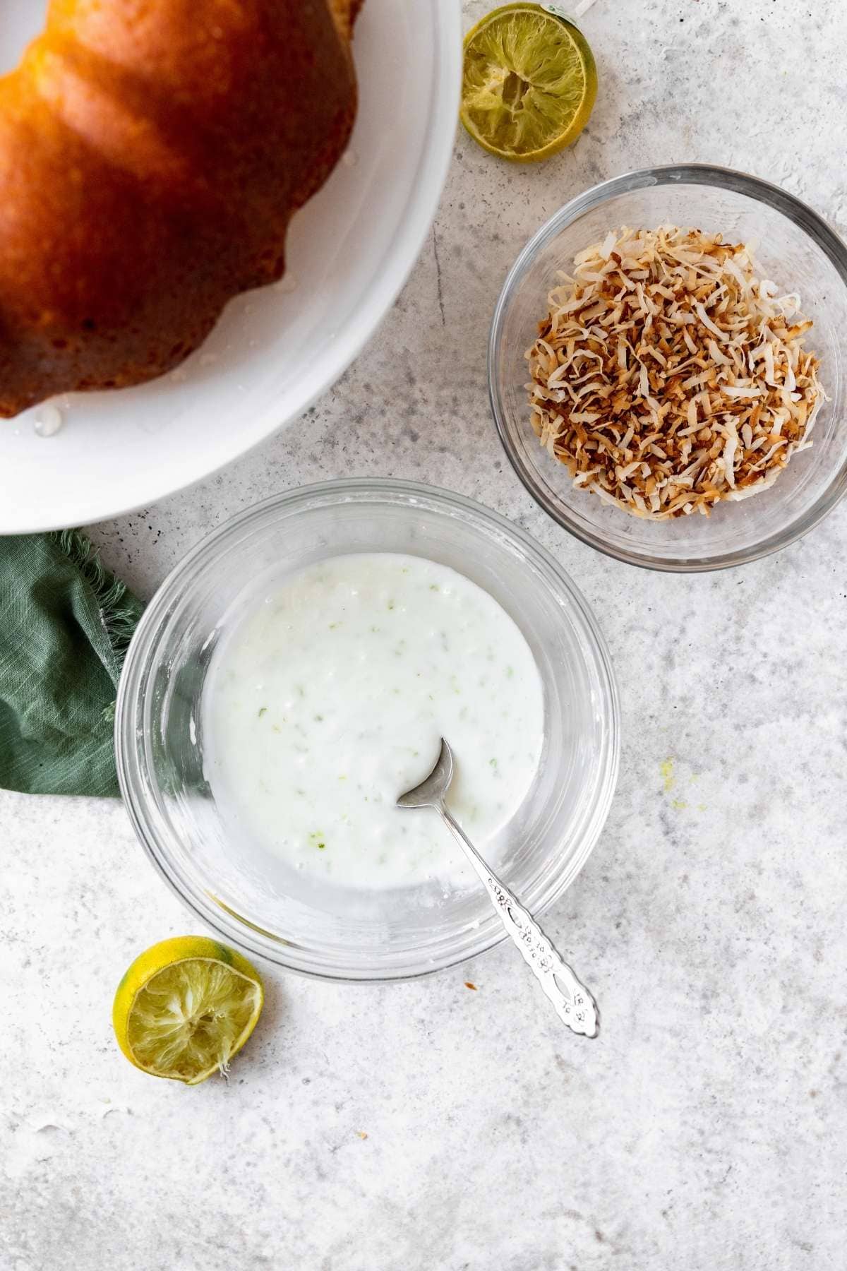 Coconut Lime Bundt Cake frosting ingredients in bowls