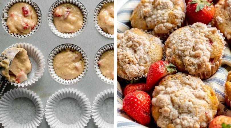 Strawberry Crumb Muffins baked in basket and batter in muffin tin collage