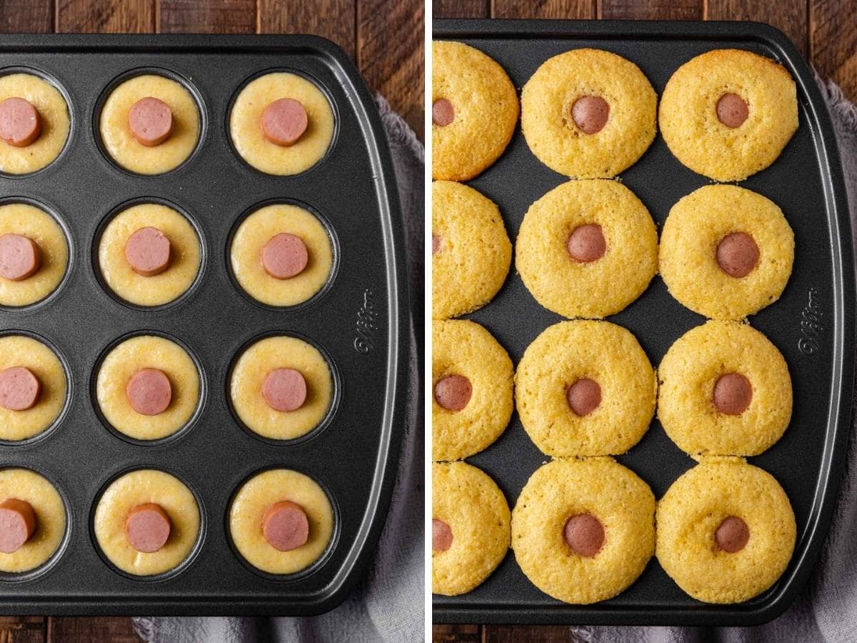 Cornbread Mini Muffins Collage before and after baking