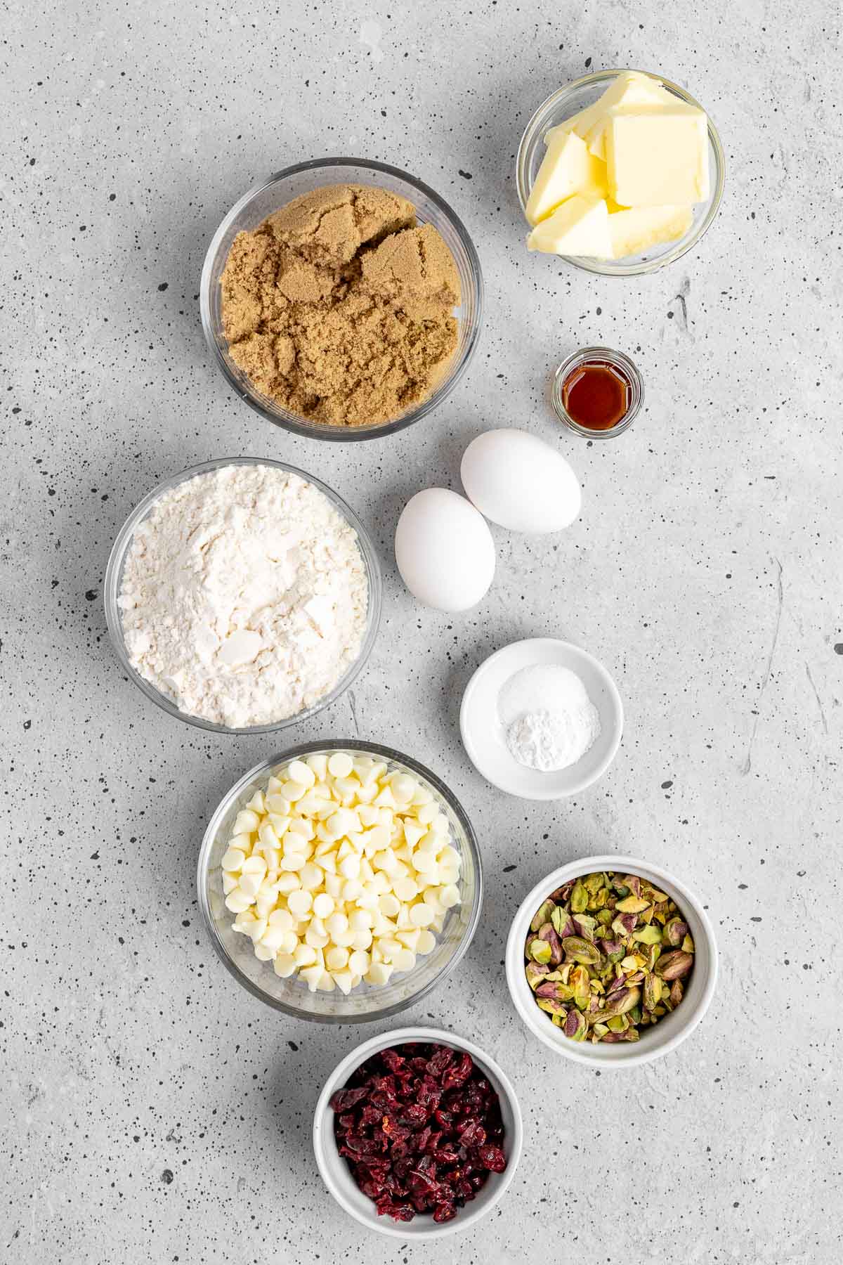 Cranberry Pistachio Blondies ingredients in prep bowls